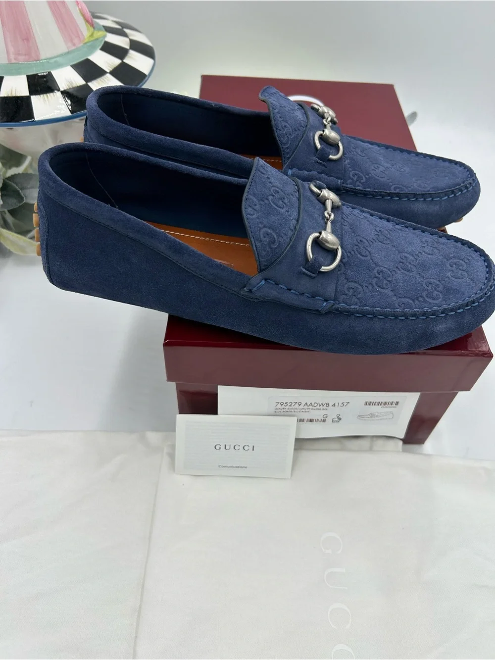 Men's Gucci GG embossed blue suede driver loafers size 9 fits 10 US made Italy